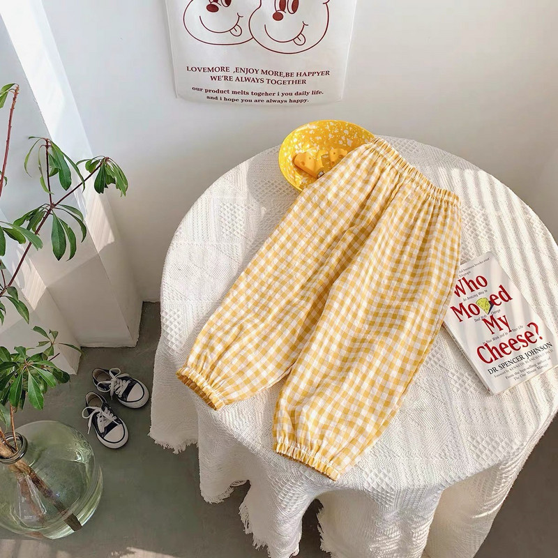 Бебешки момчета и момичета Летни панталони против комари Тънки свободни ежедневни карирани панталони Детски дрехи Детски модни панталони за свободното време