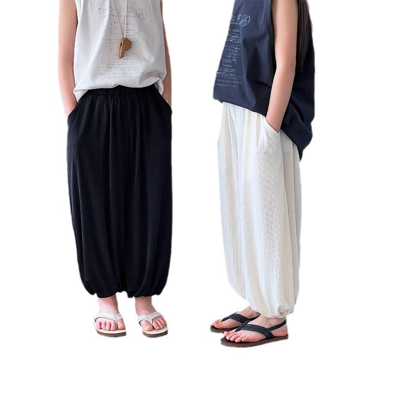 Детско облекло Детски едноцветни семпли панталони 2024 Летни нови панталони против комари Момчета и момичета Свободни тънки дишащи панталони