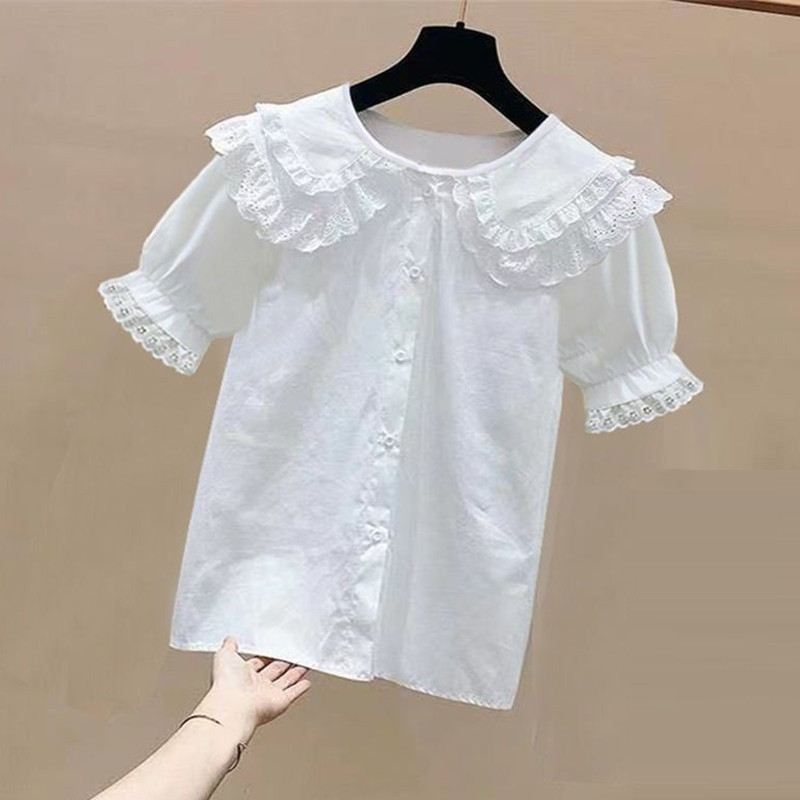 Лято 4-13 години Дантелена блуза за момичета с волани Бяла ученическа униформа с къс ръкав Риза с копчета за момичета Детски горнища Детски дрехи