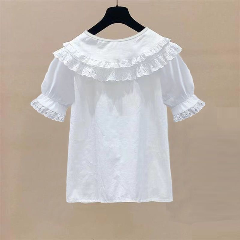 Лято 4-13 години Дантелена блуза за момичета с волани Бяла ученическа униформа с къс ръкав Риза с копчета за момичета Детски горнища Детски дрехи