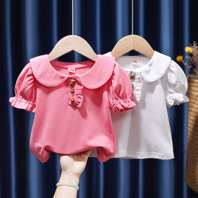 Nyári baba lány póló pólók gyerekek lányok rövid ujjú pólók felsők virággombos tipegő csecsemő lány blúz gyermekruházat