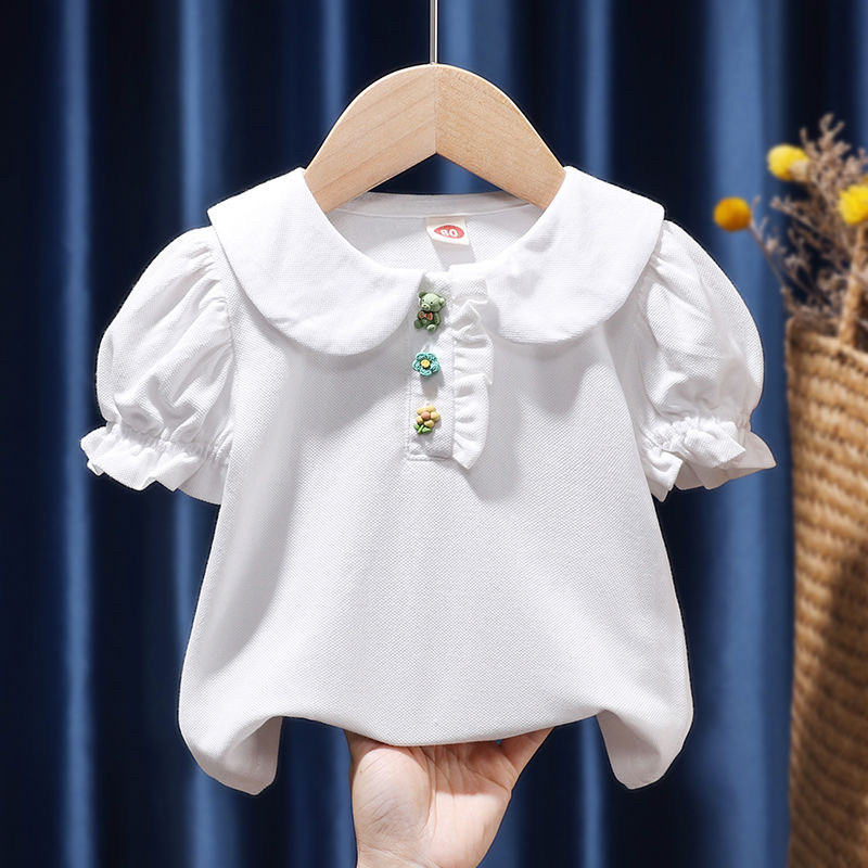 Летни поло ризи за бебета, момичета, тениски с къс ръкав, горнища с копчета с цветя, бебешки блузи за момичета, детски дрехи