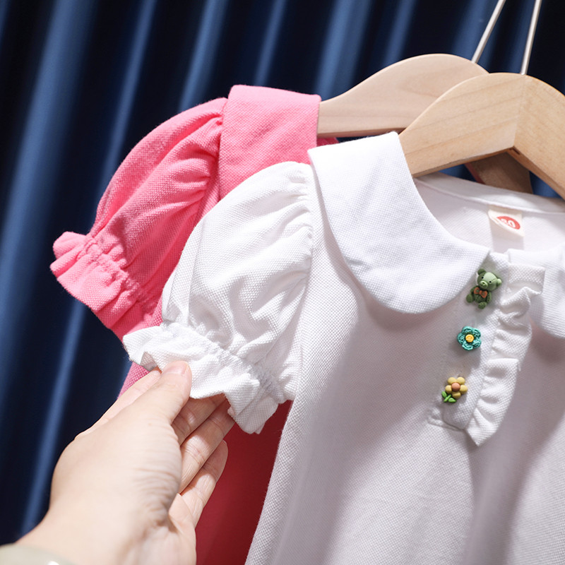 Летни поло ризи за бебета, момичета, тениски с къс ръкав, горнища с копчета с цветя, бебешки блузи за момичета, детски дрехи