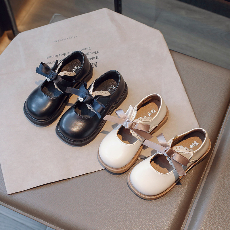 Черни, бежови есенни сладки детски кожени обувки Mary Janes за момиче с панделка, матирани Pu 26-36, модни елегантни училищни детски обувки на равна подметка