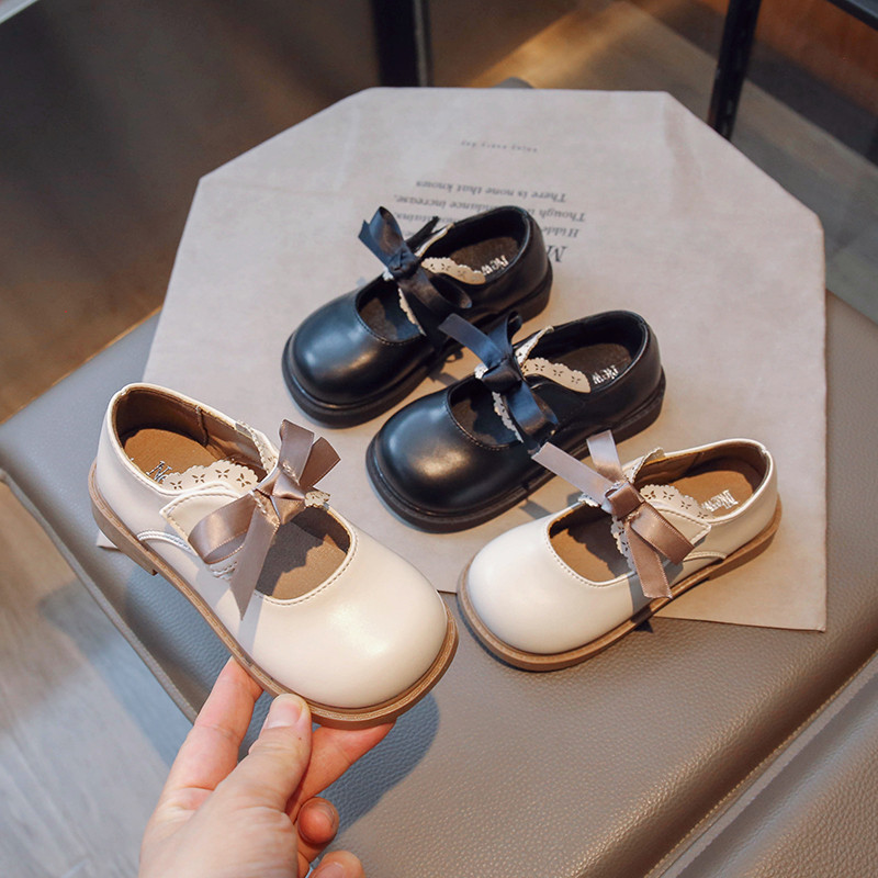 Черни, бежови есенни сладки детски кожени обувки Mary Janes за момиче с панделка, матирани Pu 26-36, модни елегантни училищни детски обувки на равна подметка