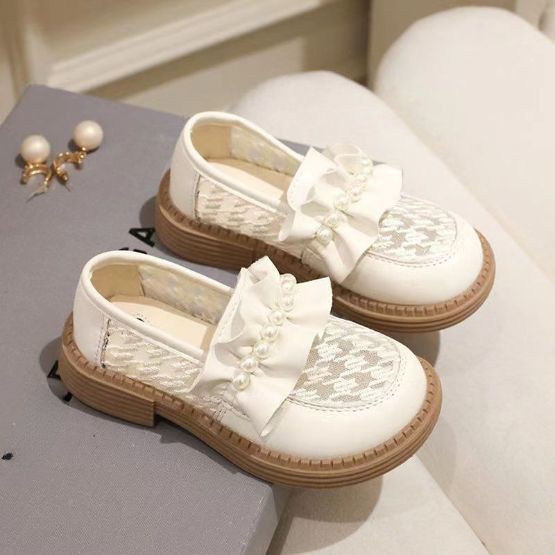 Обувки за момичета 2023 Пролетни нови детски малки кожени обувки, средни до големи, мрежести обувки за момичета, противоплъзгащи се обувки на принцеса, танцови единични обувки
