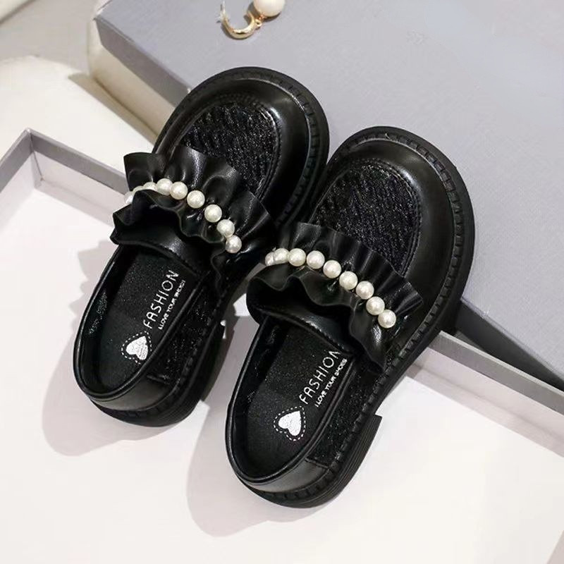 Обувки за момичета 2023 Пролетни нови детски малки кожени обувки, средни до големи, мрежести обувки за момичета, противоплъзгащи се обувки на принцеса, танцови единични обувки