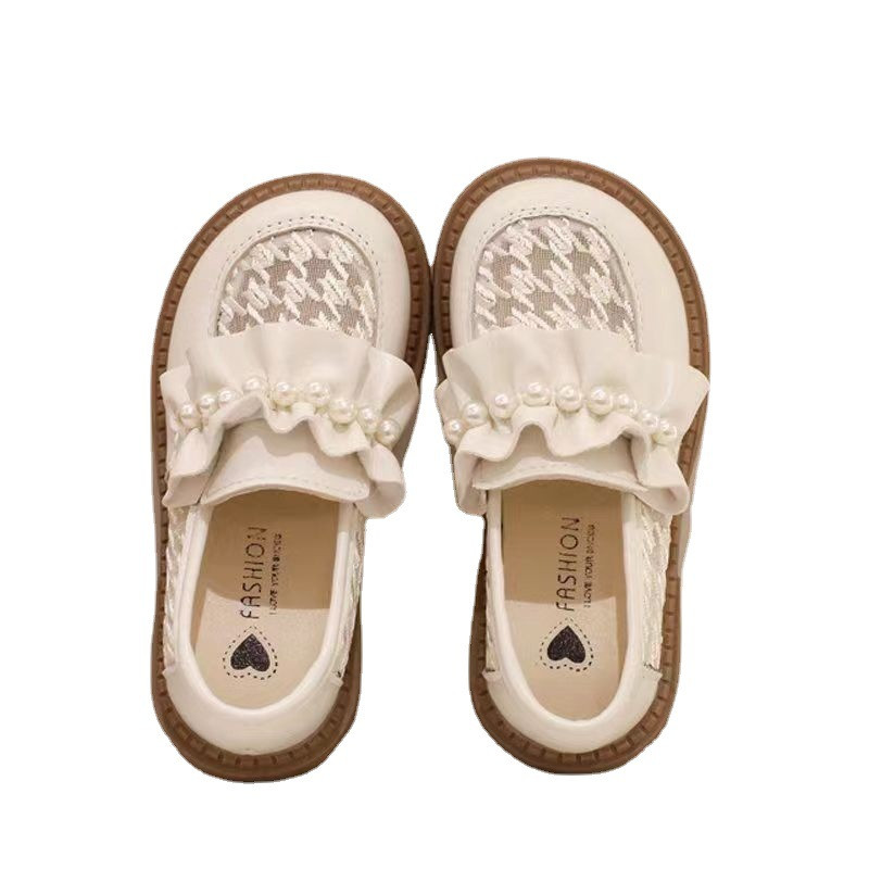 Обувки за момичета 2023 Пролетни нови детски малки кожени обувки, средни до големи, мрежести обувки за момичета, противоплъзгащи се обувки на принцеса, танцови единични обувки