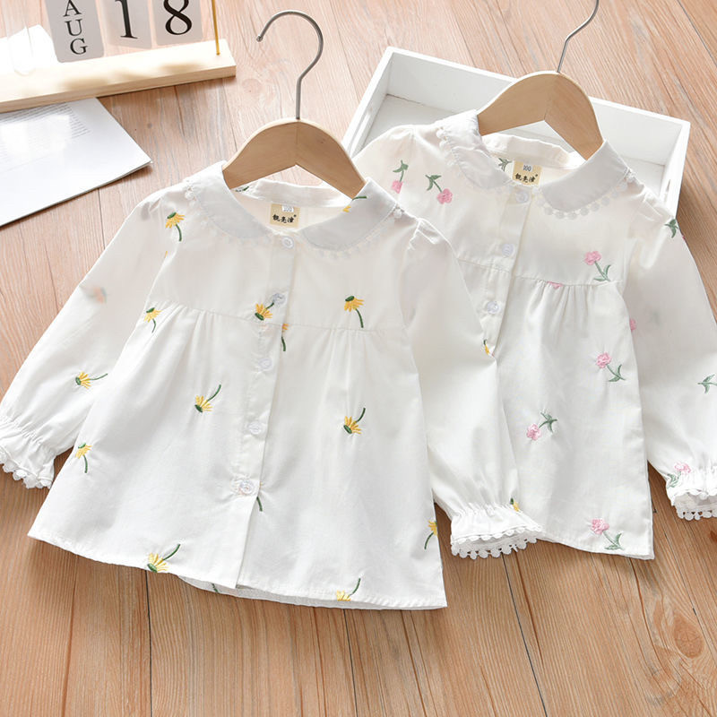 Сладки ризи за момичета Пролет Лято Детско облекло Бебешко момиче Бродерия на цветя Сладка блуза с дълъг ръкав Горнища Детски подаръци