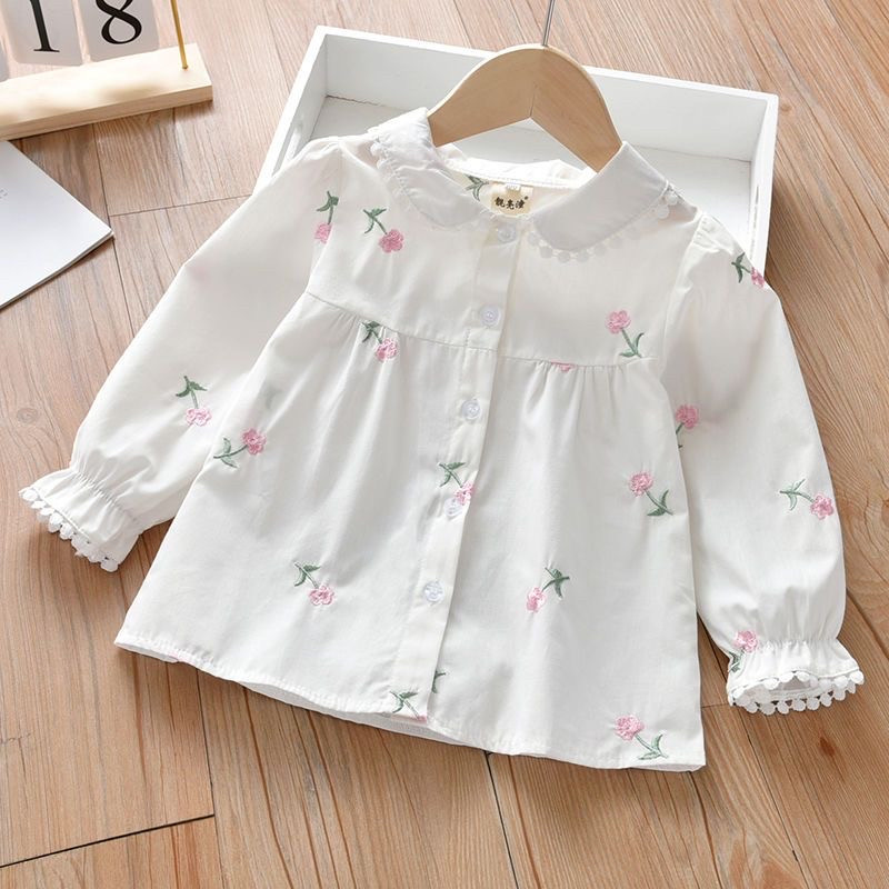 Сладки ризи за момичета Пролет Лято Детско облекло Бебешко момиче Бродерия на цветя Сладка блуза с дълъг ръкав Горнища Детски подаръци