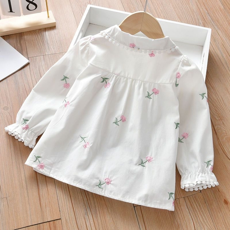 Сладки ризи за момичета Пролет Лято Детско облекло Бебешко момиче Бродерия на цветя Сладка блуза с дълъг ръкав Горнища Детски подаръци