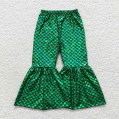 Nagykereskedelem Baba lányok zöld sellő holografikus spandex nadrágok gyerekeknek kisgyermekek csengő alsó nadrág csecsemő puha ruházat