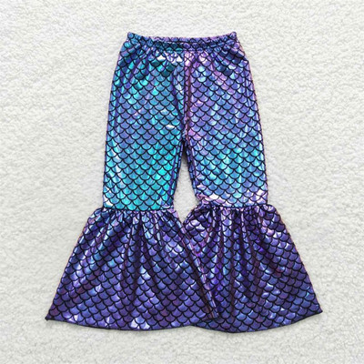Nagykereskedelem Baba lányok zöld sellő holografikus spandex nadrágok gyerekeknek kisgyermekek csengő alsó nadrág csecsemő puha ruházat
