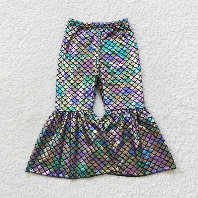 Nagykereskedelem Baba lányok zöld sellő holografikus spandex nadrágok gyerekeknek kisgyermekek csengő alsó nadrág csecsemő puha ruházat
