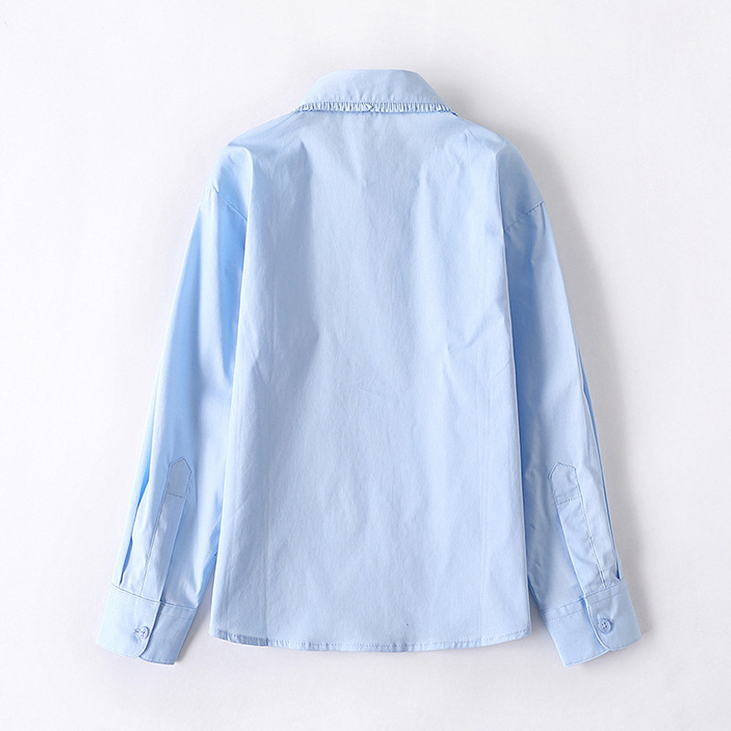 Нови бели ризи за тийнейджърки Пролетни детски горнища с дълъг ръкав Едноцветни сини блузи за момичета Памучни костюми за малки деца