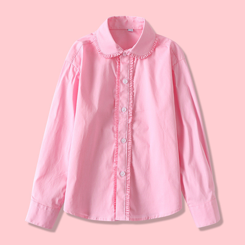 Нови бели ризи за тийнейджърки Пролетни детски горнища с дълъг ръкав Едноцветни сини блузи за момичета Памучни костюми за малки деца