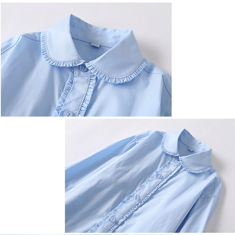 Нови бели ризи за тийнейджърки Пролетни детски горнища с дълъг ръкав Едноцветни сини блузи за момичета Памучни костюми за малки деца