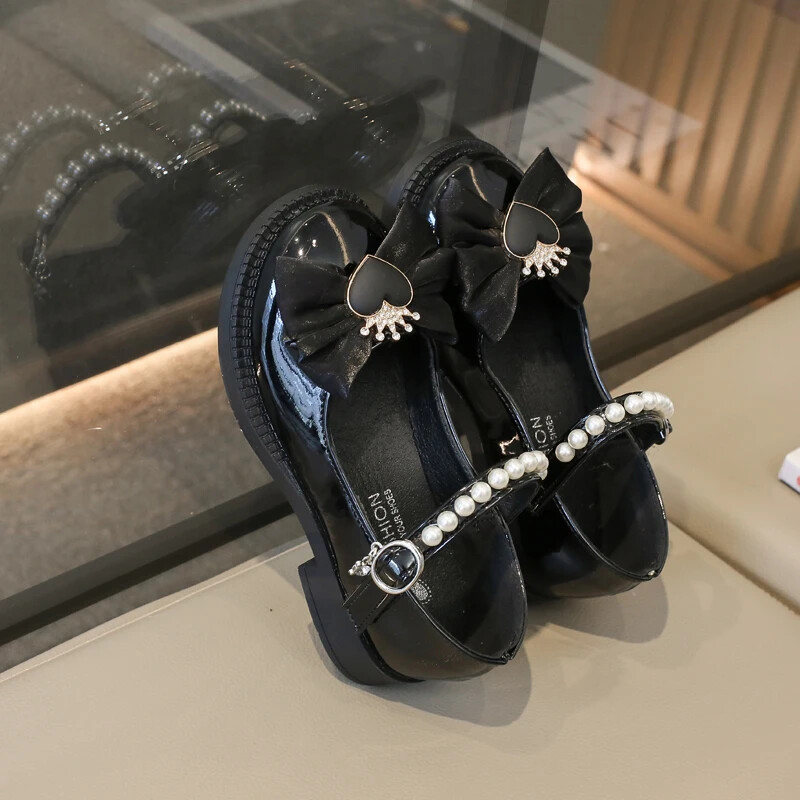 Кожени обувки за момиче Мери Джейн за сватбено тържество Детски модни единични обувки Sweet Crown Bowknot Елегантни детски плоски обувки на принцеса