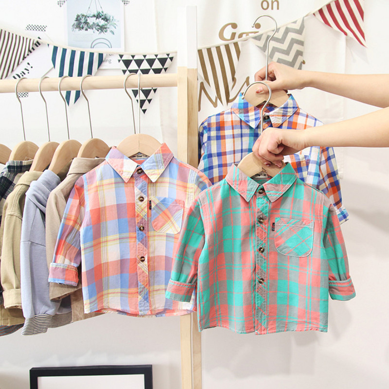 Пролет Есен Ризи за момче Ежедневни Детски блузи за момичета с дълъг ръкав Дрехи за малки деца Бебешки момчета Карирана риза Подаръци