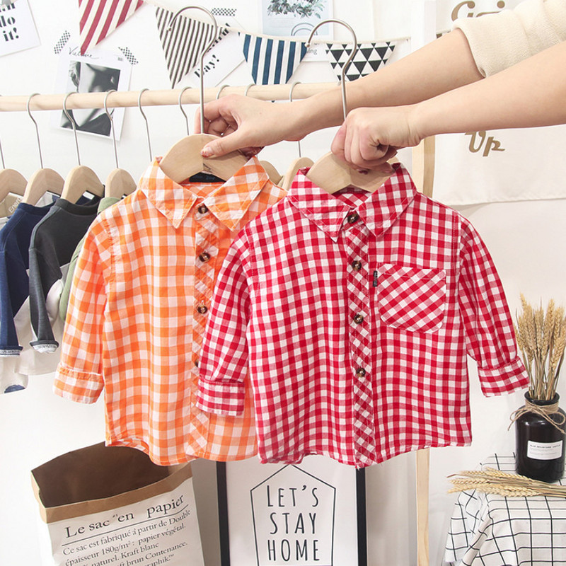 Пролет Есен Ризи за момче Ежедневни Детски блузи за момичета с дълъг ръкав Дрехи за малки деца Бебешки момчета Карирана риза Подаръци