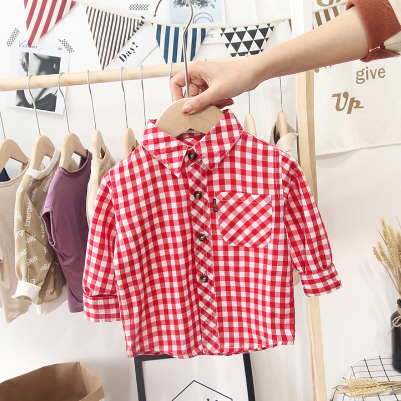 Пролет Есен Ризи за момче Ежедневни Детски блузи за момичета с дълъг ръкав Дрехи за малки деца Бебешки момчета Карирана риза Подаръци