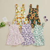 FOCUSNORM 0-6Y Tipegő Gyerek Lány Jean Overall Rövidnadrág Napraforgó Print Ujjatlan Állítható Pántos farmer Jumpsuit