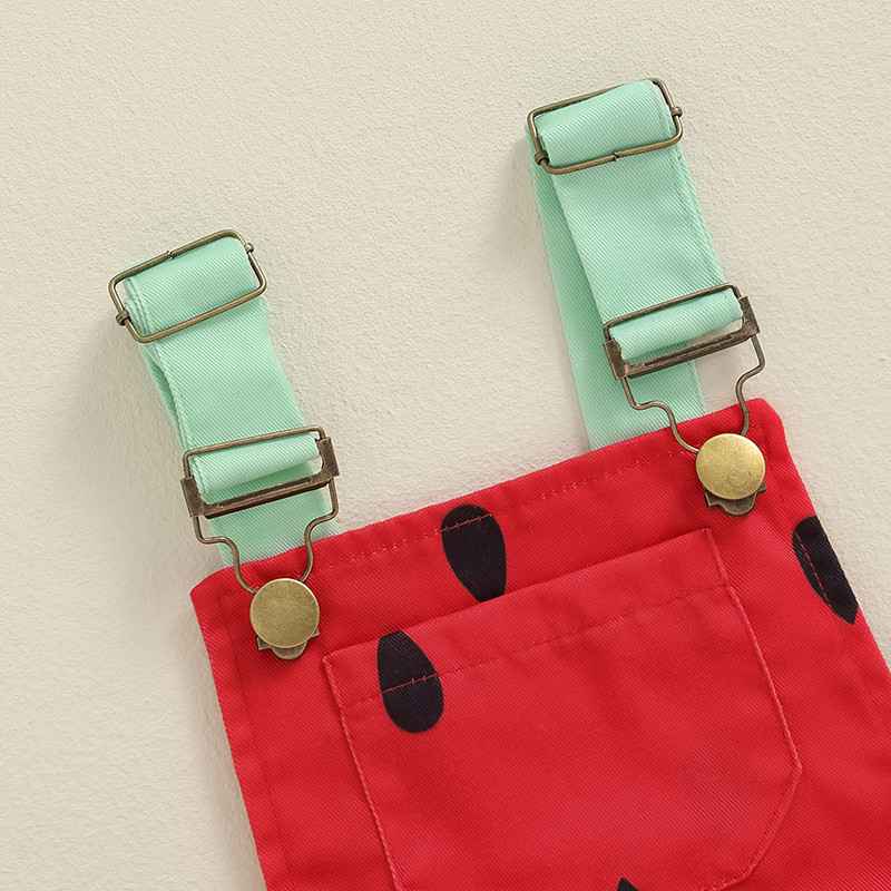 0-6 г. Летни гащеризони за малки момичета Къси панталони с тиранти с щампа диня и джобове Без ръкави Romoer Гащеризон Детски дрехи