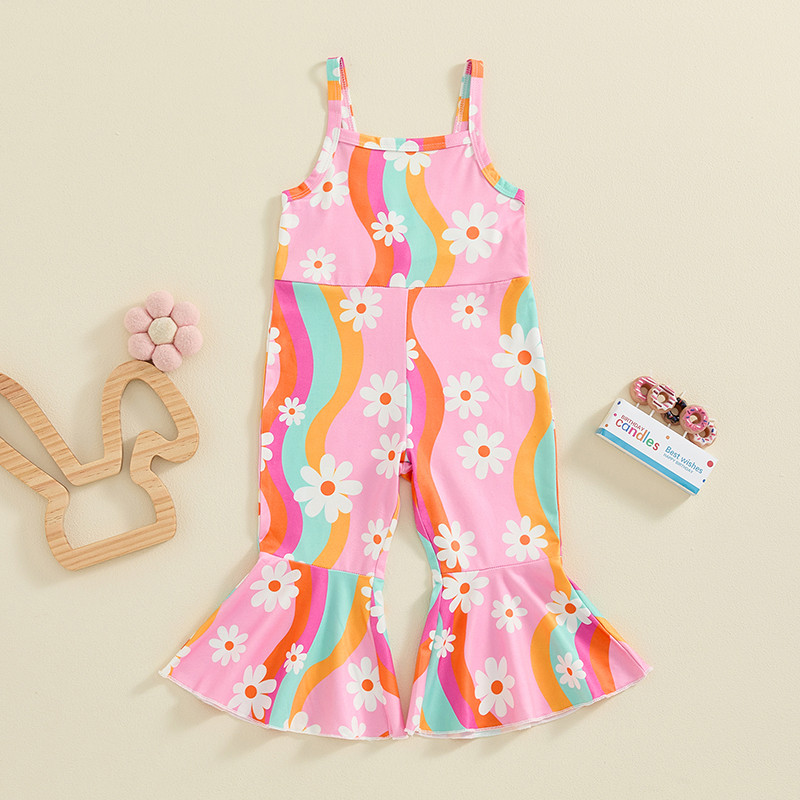Бебе, деца, момичета, гащеризон с флорален принт, 2024 г. Гащеризони с дълги панталони с презрамка за малки деца, Ежедневни гащеризони за момичета, облекло