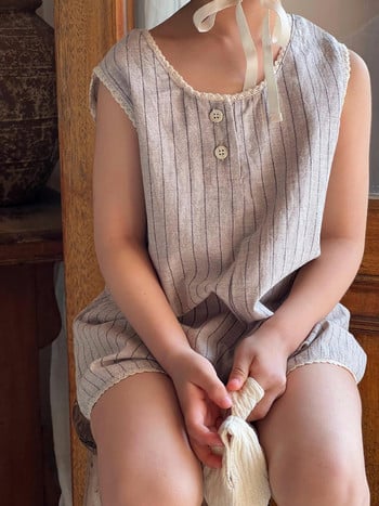 Παιδική ολόσωμη φόρμα Κορεατικά παιδικά φορέματα Καλοκαίρι 2024 Νέα Παιδικά Παντελόνια Κοριτσίστικα Ριγέ σορτς Δαντέλα Ολόσωμη φόρμα Ρούχα