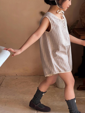 Παιδική ολόσωμη φόρμα Κορεατικά παιδικά φορέματα Καλοκαίρι 2024 Νέα Παιδικά Παντελόνια Κοριτσίστικα Ριγέ σορτς Δαντέλα Ολόσωμη φόρμα Ρούχα