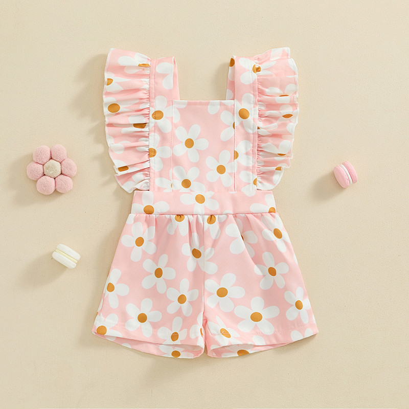 Летни детски гащеризони за бебета и малки деца Бебешки гащеризони с флорални принтове Деца с волани без гръб Ежедневни меки комбинезони с къс ръкав