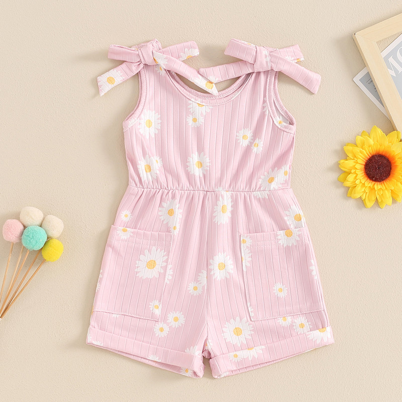 Детски летни дрехи без ръкави Къси гащеризони за малки момичета Ежедневни гащеризони Дейзи 3D панделка Оребрени гащеризони за малки деца