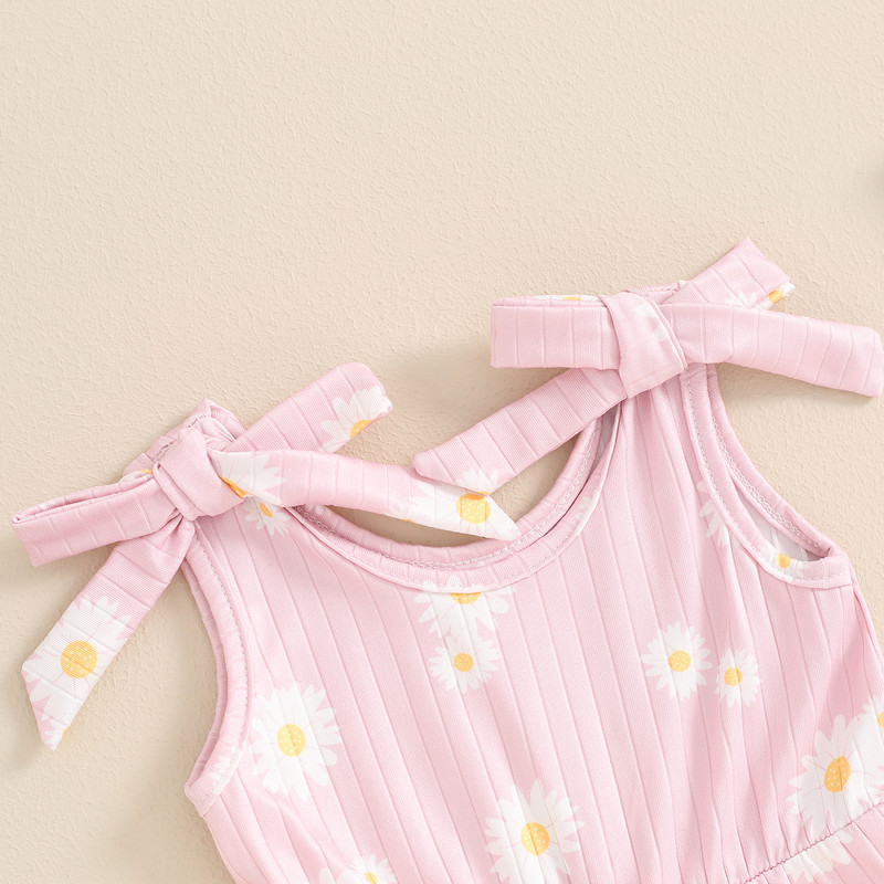 Детски летни дрехи без ръкави Къси гащеризони за малки момичета Ежедневни гащеризони Дейзи 3D панделка Оребрени гащеризони за малки деца