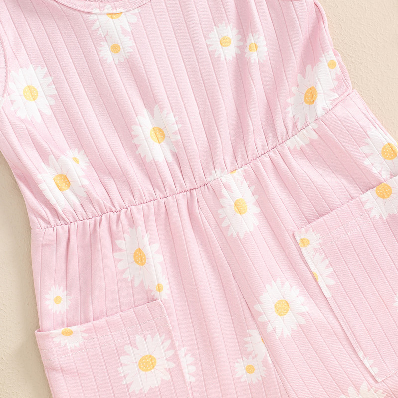 Детски летни дрехи без ръкави Къси гащеризони за малки момичета Ежедневни гащеризони Дейзи 3D панделка Оребрени гащеризони за малки деца