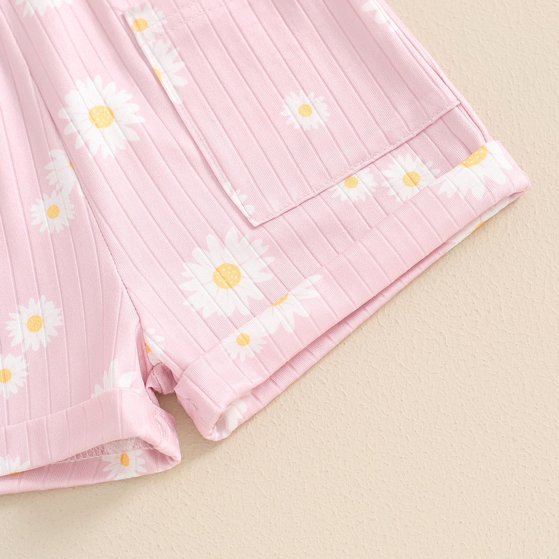 Детски летни дрехи без ръкави Къси гащеризони за малки момичета Ежедневни гащеризони Дейзи 3D панделка Оребрени гащеризони за малки деца