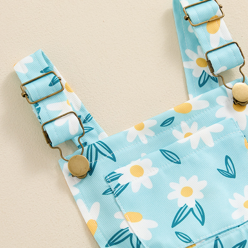 1-6 години гащеризон с тиранти за момиче, флорален принт, джоб отпред, къси гащеризони без ръкави за момичета