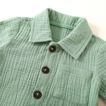 Βαμβακερό λινό Casual για μωρά αγόρια καλοκαιρινά ρούχα Συμπαγές κοντό μανίκι πουκάμισο με κουμπιά πέτο + σορτς 2 τμχ Σετ ρούχων