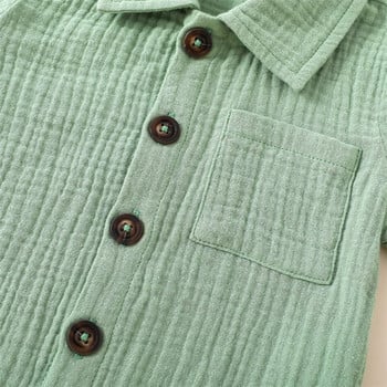 Βαμβακερό λινό Casual για μωρά αγόρια καλοκαιρινά ρούχα Συμπαγές κοντό μανίκι πουκάμισο με κουμπιά πέτο + σορτς 2 τμχ Σετ ρούχων