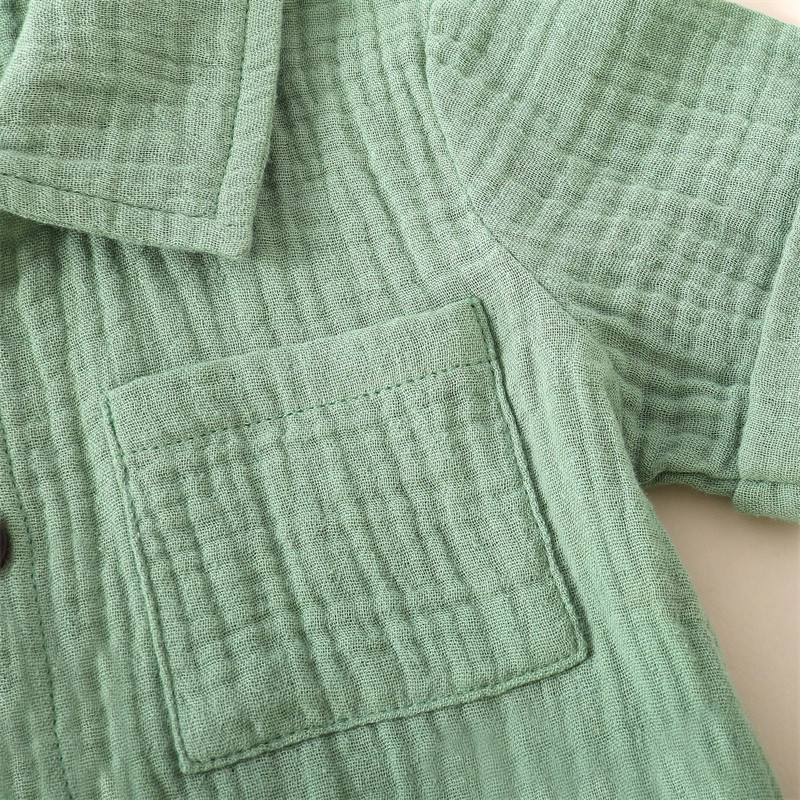 Памучно бельо Ежедневни летни екипи за малки деца, бебета, момчета, плътна риза с копчета с джоб и къси ръкави + къси панталони от 2 бр. Комплект дрехи