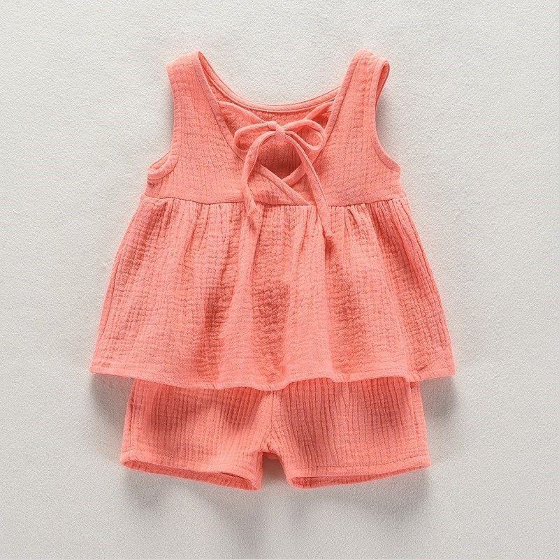 Бебешки тоалети за момичета Дрехи Лятна муселинена памучна жилетка Рокля без ръкави Къси шорти Риза Костюми Модни комплекти от топ+панталони 2 бр. 0-4T M