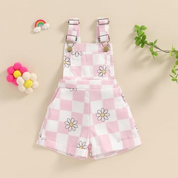 2024-03-19 Lioraitiin Μικρή φόρμα για κοριτσάκι Κοντή σκακιέρα με λουλουδάτο τύπωμα Καλοκαιρινή αμάνικη φόρμα για κορίτσια Ρούχα