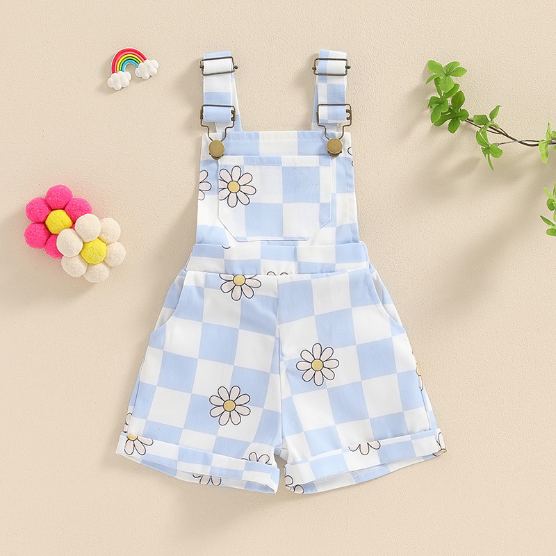2024-03-19 Lioraitiin Бебешки гащеризон за малко момиченце Къс шахматен летен гащеризон с флорален принт Без ръкави Дрехи за момичета