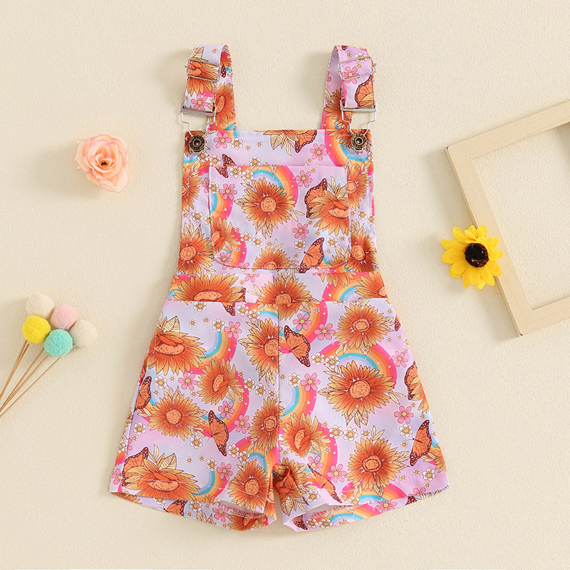 Модни детски гащеризони за момичета, къси гащеризони без ръкави Маргаритки/слънчогледови пеперуди, джоб с предни тиранти, гащеризони, шорти