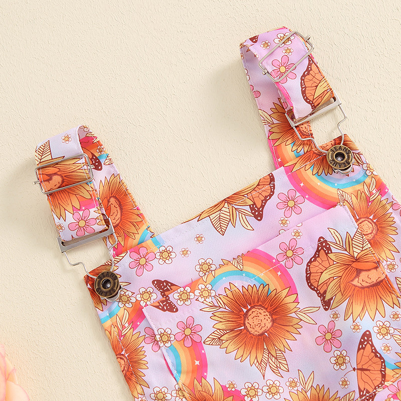 Модни детски гащеризони за момичета, къси гащеризони без ръкави Маргаритки/слънчогледови пеперуди, джоб с предни тиранти, гащеризони, шорти