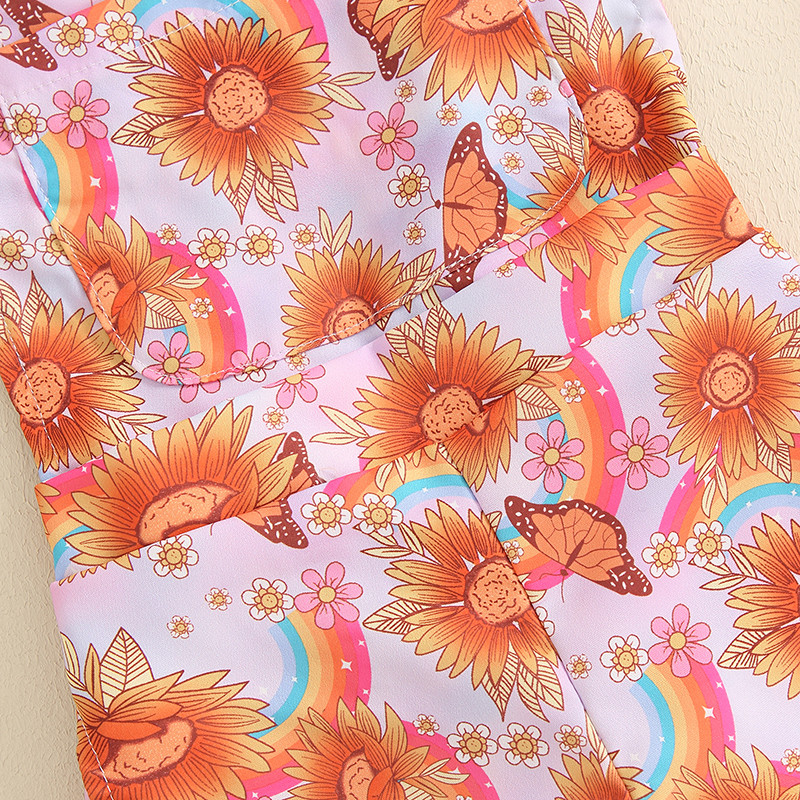 Модни детски гащеризони за момичета, къси гащеризони без ръкави Маргаритки/слънчогледови пеперуди, джоб с предни тиранти, гащеризони, шорти