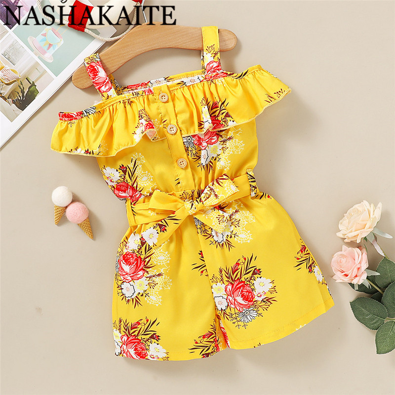 Гащеризон за момичета NASHAKAITE с щампа на отворени рамене с волани и колан Гащеризон за момичета за малко дете Летен гащеризон Детски комбинезон за 1-4 години