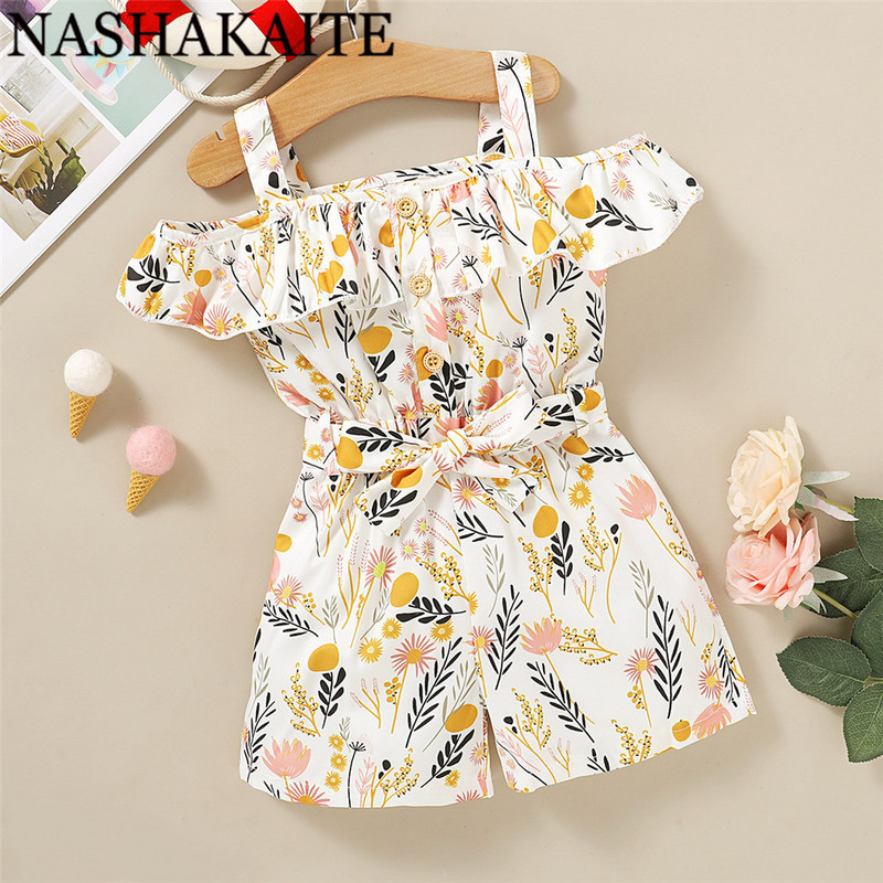 Гащеризон за момичета NASHAKAITE с щампа на отворени рамене с волани и колан Гащеризон за момичета за малко дете Летен гащеризон Детски комбинезон за 1-4 години