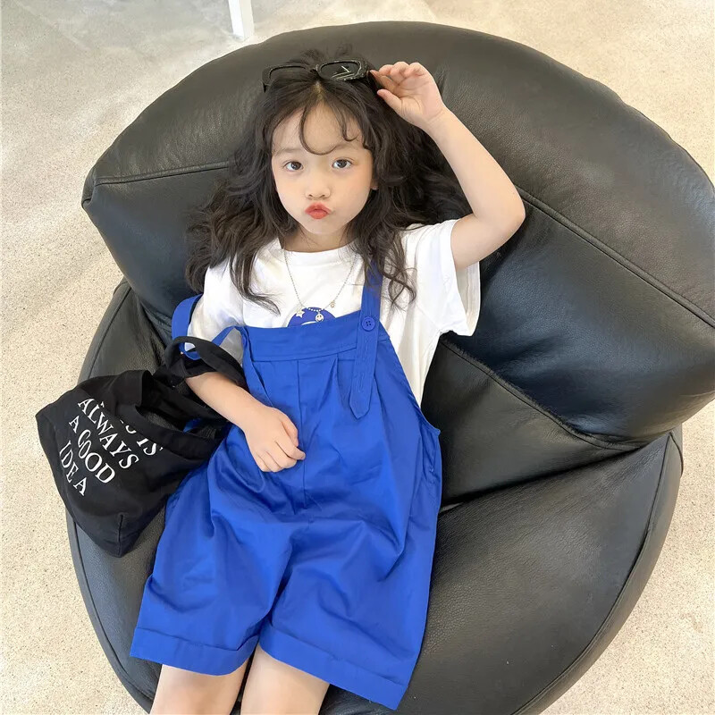 Летни детски гащеризони в едноцветен цвят Големи гащеризони Момичета, памучни панталони с тиранти до коляното