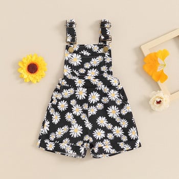 FOCUSNORM 0-6Y Summer Little Girls Ολόσωμο σορτς casual Sunflowers print Αμάνικο λουράκι με κουμπιά φόρμα τσέπης