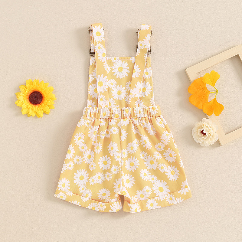 Летен гащеризон за малки момичета FOCUSNORM 0-6 г. Ежедневни къси гащеризони със слънчогледи с щампа без ръкави и копчета с презрамки